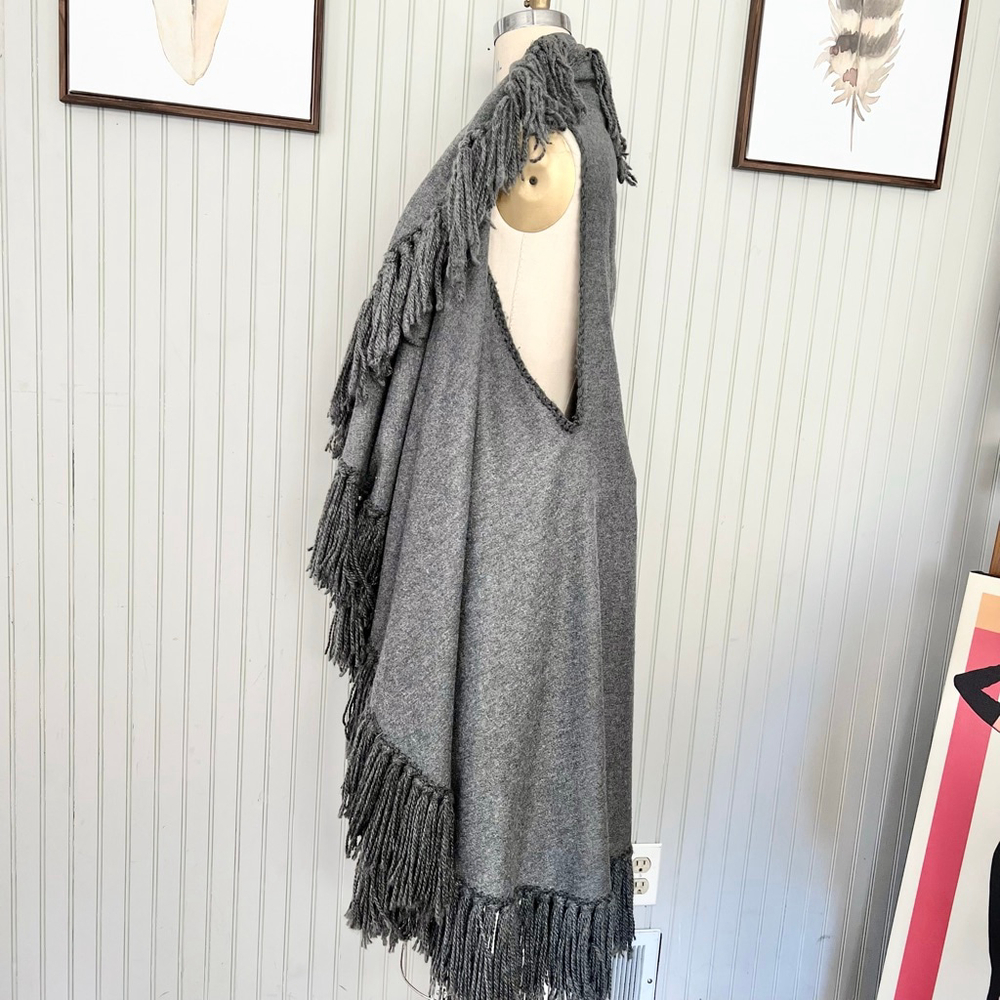 Fringed Cape Double Layered Grey Cardigan Vest Cape Long Length View 3